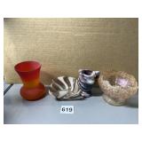 SLAG GLASS PITCHER, FLOWER DESIGN BOWL AND RUBY