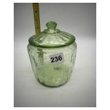 GREEN DEPRESSION GLASS BISCUIT JAR WITH LID WITH