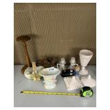 SLAG GLASS VASE, MILK GLASS CUP, CANDLESTICKS,