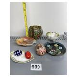 GLASS EGGS, ENAMELED TRAY, FOOTED DISH