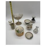 FOOTED CLEAR COMPOTE, HAND PAINTED COVERED BOX,