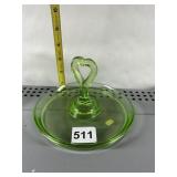 URANIUM GLASS TIDBID TRAY WITH HEART SHAPE HANDLE