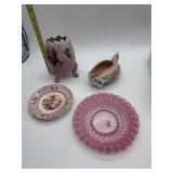 PINK GLASS PLATE, ROSE DESIGN CREAMER ETCETERA