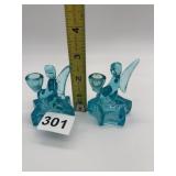 LIGHT BLUE GLASS MINIATURE ANGEL CANDLE HOLDERS
