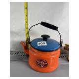 ORANGE ENAMELED WARE TEA POT W/ HANDLE