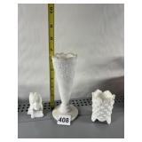 3 MILK GLASS PIECES, VASE, TOOTHPICK HOLDER AND