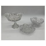 CUT GLASS COMPOTE, BOWL, PLATE, FLECKS ON EDGE AS