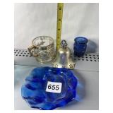 COBALT DISH, TOOTHPICK HOLDER, BELL AND OVERLAY