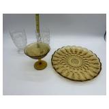 AMBER GLASS PLATE AND CHAMPAGNE AND 2 CLEAR GLASS