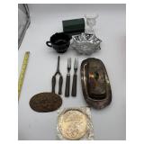 SILVER PLATE COVERED BUTTER, FORKS ETCETERA