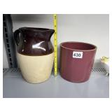 IRONSTONE PITCHER AND BURGUNDY COLORED VASE