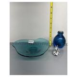MCM BLUE PEDESTAL PLATE, CASED GLASS VASE, ANIMAL