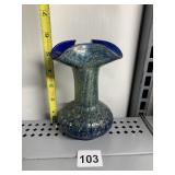 5.5" H BLUE & GREEN SPATTER GLASS VASE RUFFLED