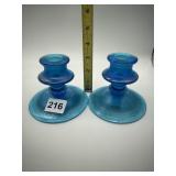 PAIR OF BLUE OPALESCENT GLASS CANDLE HOLDER