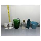 EGG CUPS, GREEN GLASS, RIBBED GLASS BOTTLE ETC.