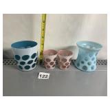 FENTON COIN SPOT VASE, THREE GLASSES BLUE AND