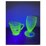 URANIUM GLASS CREAM PITCHER AND PEDESTAL GLASS