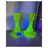 PAIR OF VASELINE URANIUM GLASS CANDLESTICKS