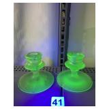 URANIUM GLASS PAIR OF CANDLESTICKS 3.5" H