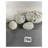 THREE ANTIQUE GLASS DECORATED EGGS