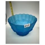 BLUE SATIN GLASS FRUIT EMBOSSED FOOTED BOWL