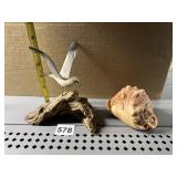 BIRD ON PERCH AND SHELL