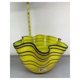 HAND BLOW YELLOW ART GLASS BOWL W/ BLACK STRIPES