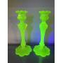 CABBAGE ROSE VASELINE SATIN GLASS CANDLESTICKS 10
