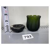 PEN HOLDER, FROSTED GLASS DEEP GREEN VASE
