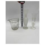 SATIN BUD VASE, SM. PITCHER HAS SM. CHIP, CLEAR