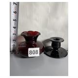 RUBY RED VASE AND TWO BLACK ONYX CANDLE HOLDERS