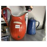 TALL ENAMELWARE RED PITCHER AND COFFEE POT