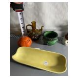 CORN ROLLER DISH, ORANGE SHAKER, AMBER PITCHER,