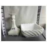 MILK GLASS  CANDLE HOLDER AND WOVEN DESIGN BOWL