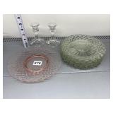 TWO 5-INCH-HIGH CANDLESTICKS AND SET OF GLASS