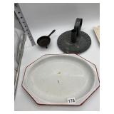 OVERSIZED TIN CANDLE HOLDER, PORCELAIN TRAY,