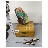 ROCKING CHAIR FIGURE BANK, WOOD BOX AND UNUSUAL