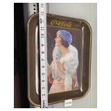 COKE COLA TRAY W/ FUR WRAP AND BLUE HAT SOME RUST