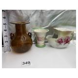 BLOWN GLASS AMBER DOUBLE HANDLED VASE, SHAVING