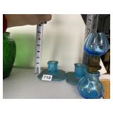 SATIN GLASS BLUE CANDLE STICKS W/ CHIP ON SIDE
