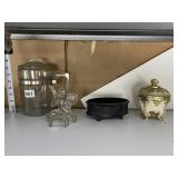 GLASS COFFEE POT, ANGEL CANDLE HOLDER COVERED