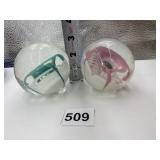 TWO GLASS WITH CENTER FLOWERS PAPER WEIGHTS CAN