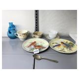 JOLTIE CUP, TWO BIRD PLATES , BLUE DOUBLE HANDLED