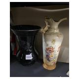 HAND PAINTED EWER AND BLACK VASE