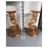 DOLPHIN BASE PINK GLASS CAMBRIDGE CANDLESTICKS