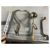 WOOD HANDLE ICE-CREAM SCOOP, TONGS, STOVE PLATE