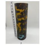 15" H ART GLASS VASE W/ OUTDOOR SCENE TREE LAKE