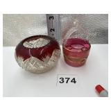CRANBERRY BUCKET W/ HANDLE AND RUBY ETCHED VASE