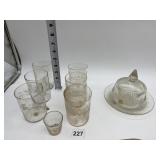 COVERED BUTTER AND 6 DELICATE GLASSES, AND