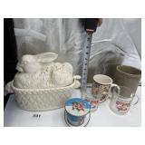 GRAY CROCK HAS SMALL HAIRLINE , LUXOR MUG ,